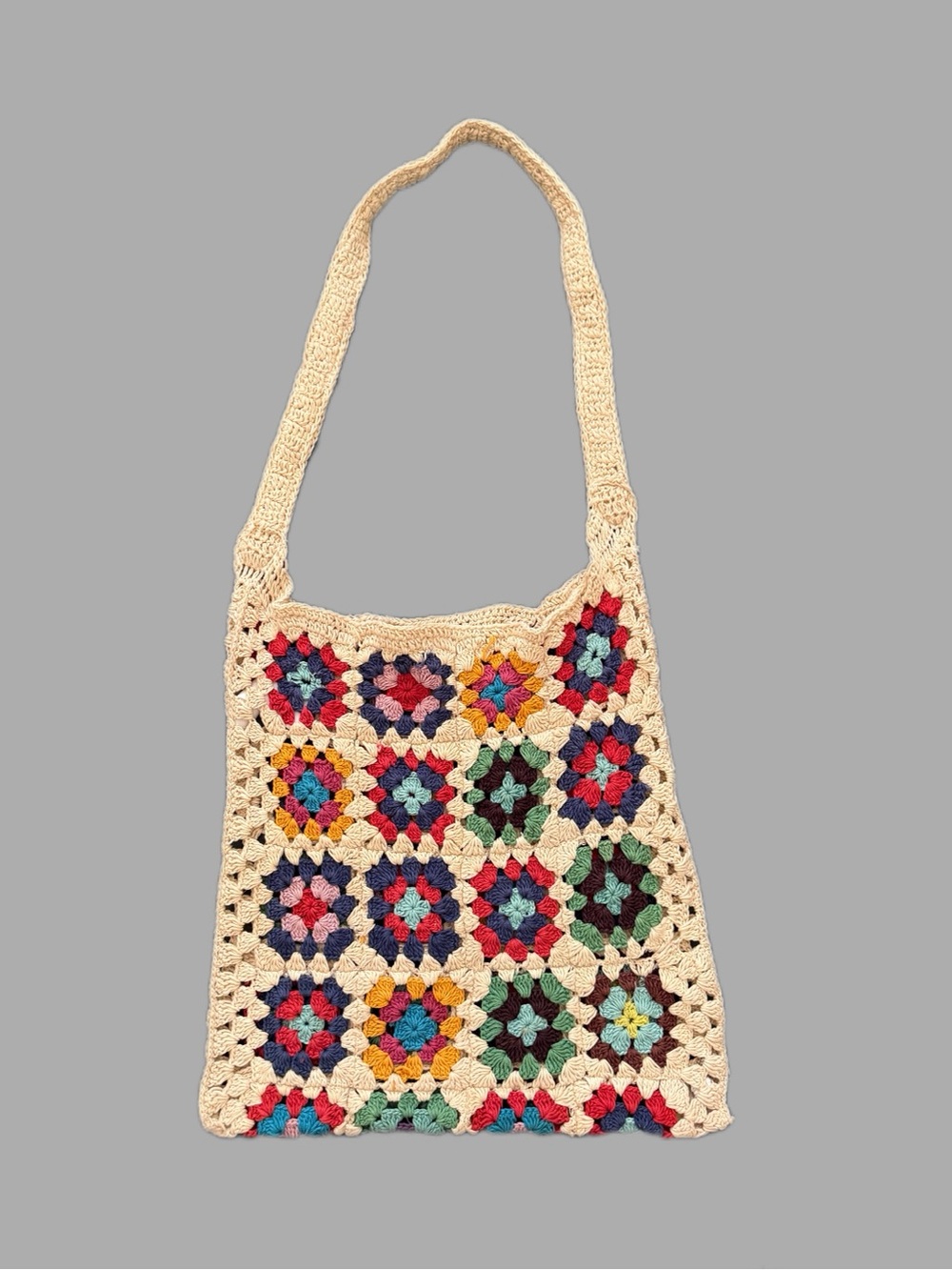 Cream Crochet Square Shoulder Bag with Multicolor Accents